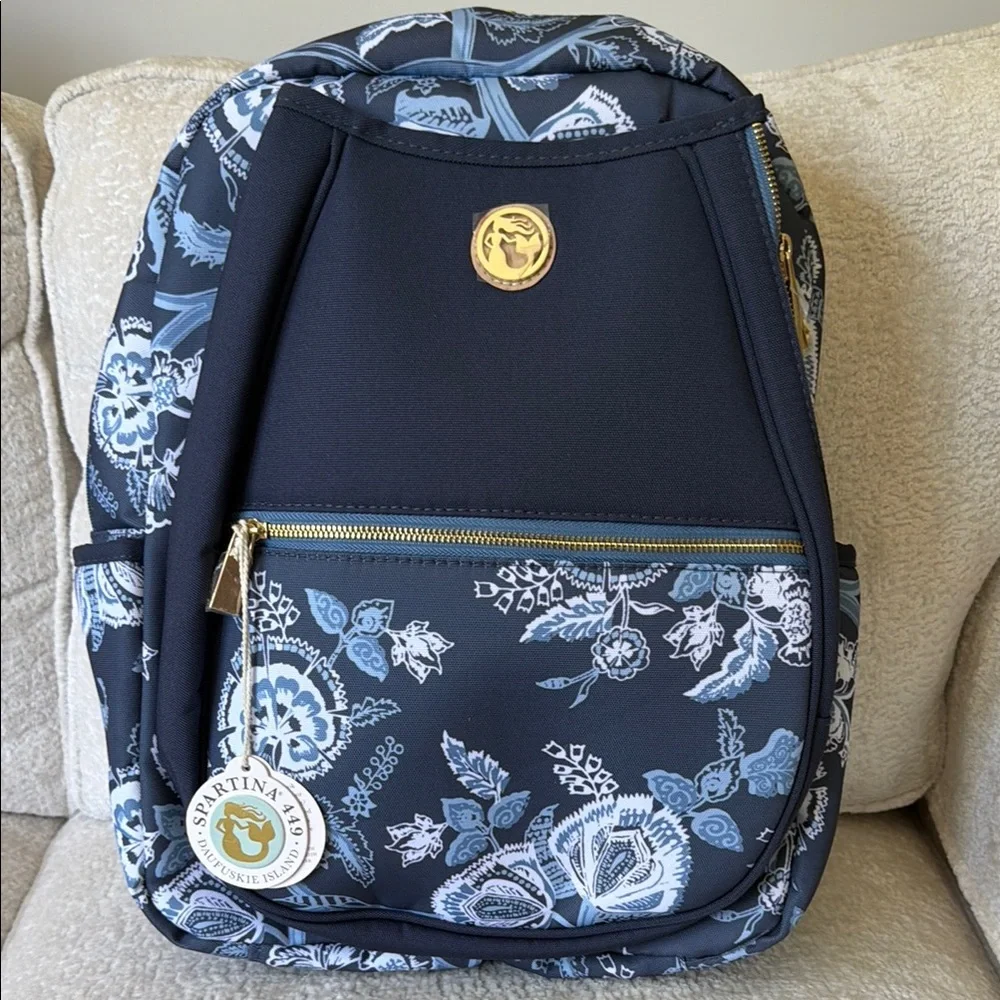 Spartina 449 Navy and Light Blue Floral Backpack with Gold Accents